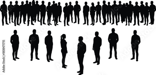 Group of people standing apart, social distance concept, separation, individuality, teamwork challenge, crowd division, isolation, human connection and communication.