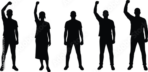 Group of people silhouettes raising fists, protest and unity concept, standing human figures in black vector design symbolizing strength and freedom
