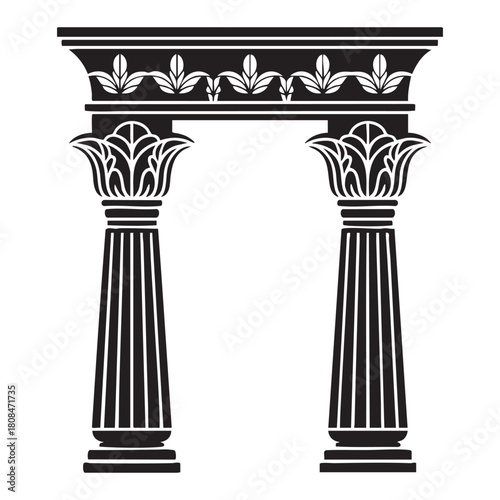 Black silhouette of ancient Egyptian papyrus columns with decorative frieze architecture