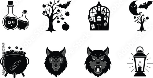 Halloween spooky icons collection with werewolf, haunted house, potion bottles, bats, and lantern, scary night illustration for horror design concept
