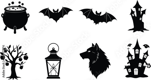 Halloween spooky silhouettes with bats, haunted house, wolf, lantern, witch cauldron, apple tree, dark night horror and mystery design illustration