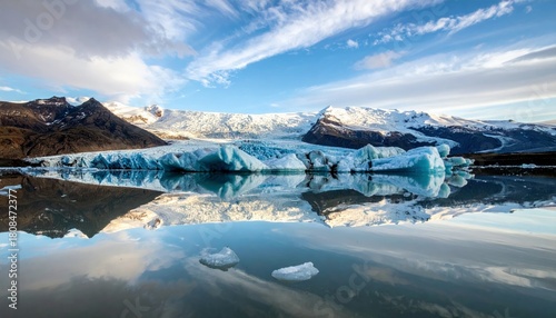 A serene glacial lagoon filled with icebergs, reflecting the majestic snow-capped mountains and a dynamic sky.