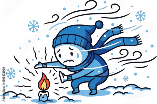 Cartoon character in winter clothing warming hands over a candle flame vibrant vector artwork with clear lines