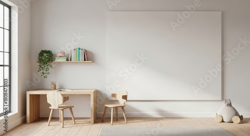 Fototapeta Naklejka Na Ścianę i Meble -  3d render children's playroom, minimalist interior with natural wooden desk and chairs