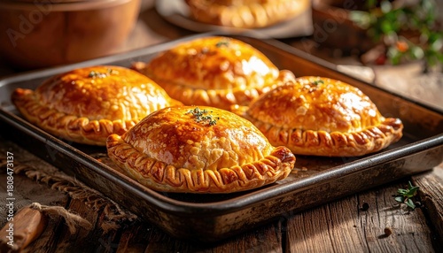Four golden brown baked empanadas with crimped edges and herb garnish sit on a rustic baking sheet on a wooden table.