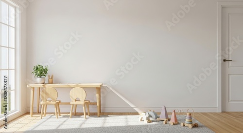 Fototapeta Naklejka Na Ścianę i Meble -  3d render children's playroom, minimalist interior with natural wooden desk and chairs