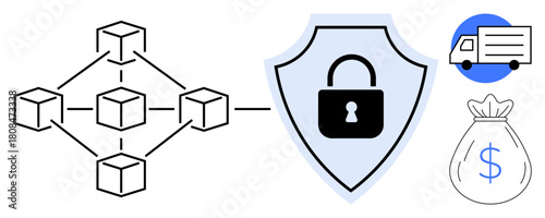 Blockchain network connected to a locked shield, truck, and money bag emphasizing secure storage, transport, and financial transactions. Ideal for cybersecurity, supply chain, blockchain, logistics
