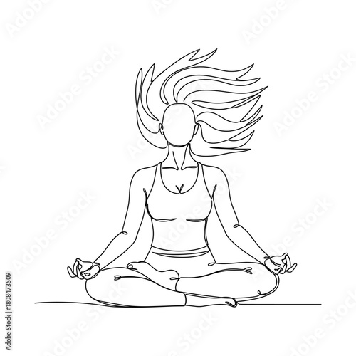 Continuous one line drawing of a woman meditating in a lotus pose with flowing hair. Minimalist vector for spiritual wellness and balance