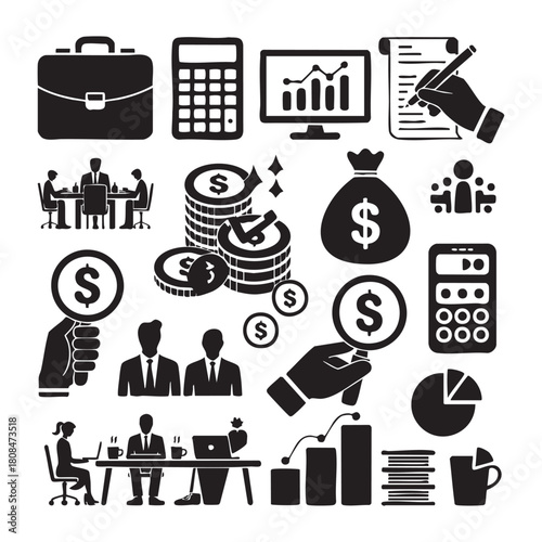 Collection of Black Business and Finance Icons on White Background money coins