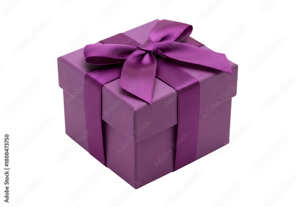 Obraz premium A closed purple gift box with a satin ribbon bow isolated on transparent background