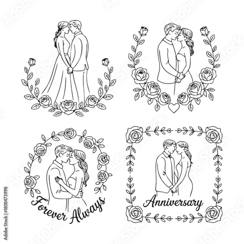 Couple kissing surrounded by rose floral frames and text romance love