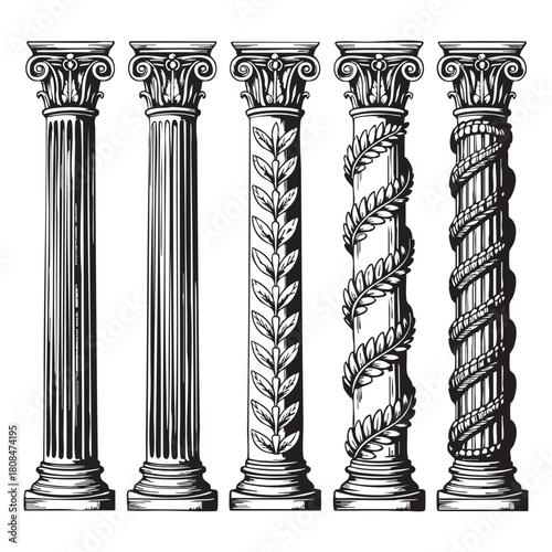 Five antique Corinthian columns with different decorative elements ancient architecture