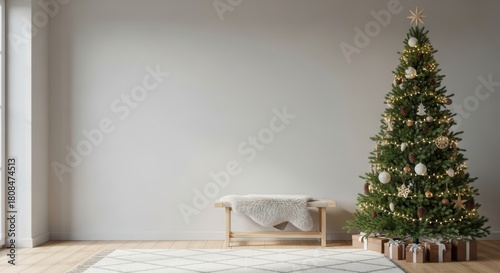 Fototapeta Naklejka Na Ścianę i Meble -  3d render Christmas tree in Scandinavian interior. Blank wall background