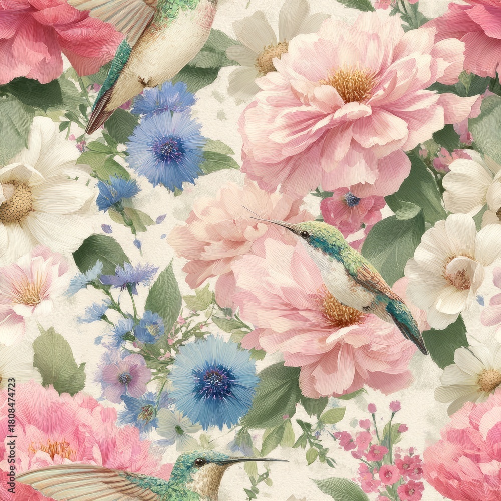 Obraz premium Colorful floral pattern with hummingbirds and various flowers