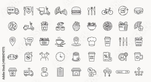 Collection of Food Delivery Icons and Symbols Featuring Trucks, Scooters, Bicycles, and Restaurant Related Graphics