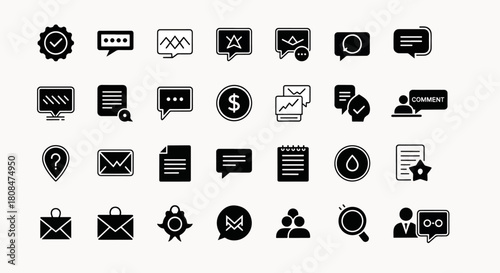 Collection of modern flat icons for communication, business, finance, and technology concepts, social media elements and interface design