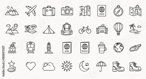 Collection of Travel and Adventure Icons Mountains Plane Suitcase Camera Map Passport Compass Hot Air Balloon and More