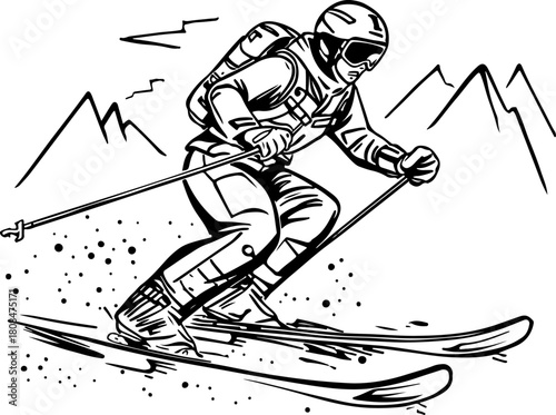 dynamic silhouette of a skier descending a mountain slope, isolated on a transparent background: a striking vector illustration for winter sports designs