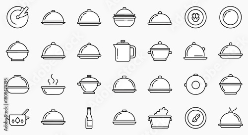 Collection of various serving dishes and kitchenware icons, a set of diverse food presentation vessels and cooking utensils outline symbols
