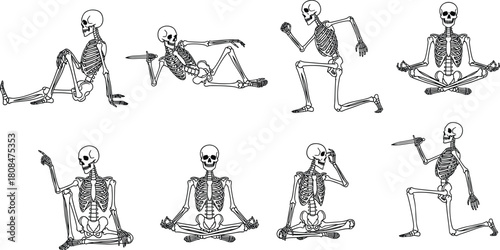 Illustration of set of skeleton in different poses isolated on human skeleton in various positions halloween concept vector illustration in doodle style