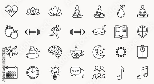 Healthy lifestyle icons set featuring fitness, nutrition, mindfulness, and well-being for a balanced life