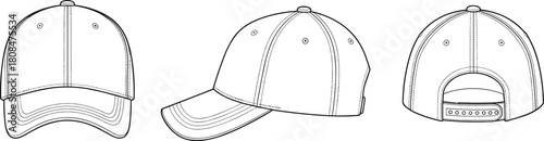 Illustration of baseball cap template isolated on front, side and back view of a blank cap outline drawing of a hat sportswear, headwear, uniform, fashion