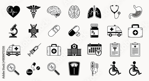 Set of medical icons and symbols, including heart, caduceus, brain, lungs, stomach, microscope, DNA, pills, ambulance, and hospital