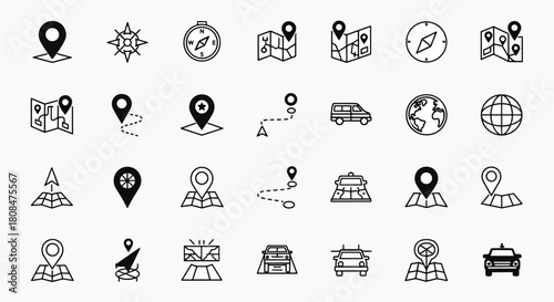 Set of navigation and travel icons including maps, compasses, globes, and vehicles for destination planning and journey visualization