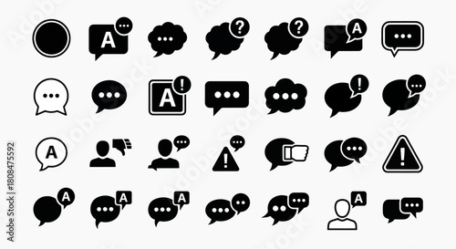 Set of speech bubble icons with letters A, question marks, exclamation points and ellipsis dots