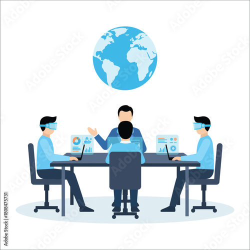 Business meeting with global connection and VR technology vector illustration