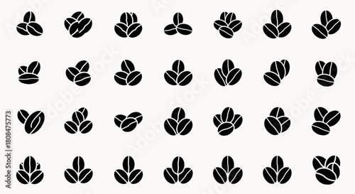 Collection of Black Coffee Bean Icons, Isolated on a White Background, Representing Freshness and Aroma
