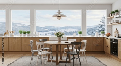Fototapeta Naklejka Na Ścianę i Meble -  3d render Cozy kitchen interior, Scandinavian style, panoramic background