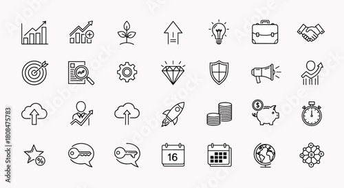Collection of business and finance growth icons representing success, investment, strategy, teamwork, and development, clean outline style