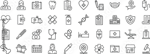 Medical and Healthcare Line Icon Set – Medicine, Hospital, Health, Clinic, and Pharmacy Icon in Outline Style