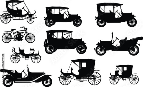 Illustration of collection of vintage car silhouettes isolated on featuring various models from early 20th century, showcasing automotive history and design