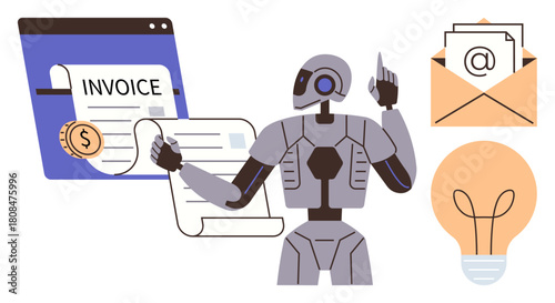 Robot interacting with digital invoice interface, holding a receipt, email envelope, and a light bulb. Ideal for automation, AI, finance, technology innovation efficiency workflow. Simple flat