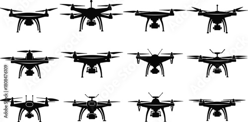 Illustration of a diverse collection of drone silhouettes isolated on, showcasing various designs and perspectives, perfect for illustrating aerial technology and innovation