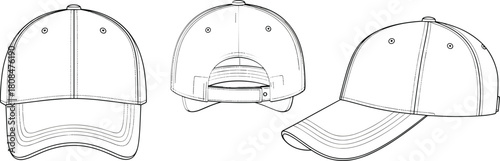 Illustration of baseball cap outline template isolated on front, back and side view of a blank cap vector technical sketch of a classic baseball cap