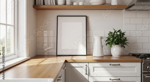 Fototapeta Naklejka Na Ścianę i Meble -  3d render Frame light kitchen interior, Scandinavian