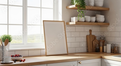 Fototapeta Naklejka Na Ścianę i Meble -  3d render Frame light kitchen interior, Scandinavian