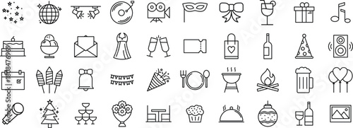 Party and Event Line Icon set – Celebration, Birthday, Confetti, Decoration, and Celebrate Line Icon Pack