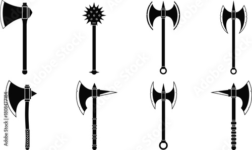 Illustration of a collection of medieval weapon silhouettes isolated on showcases various axes, maces, and polearms, each rendered in stark black against a clean white backdrop