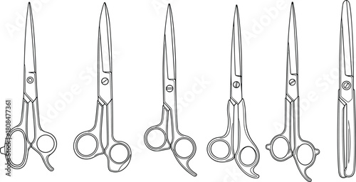 Illustration of a detailed sketch of various hairdressing scissors, isolated on, showcasing different styles and designs for professional use in salons