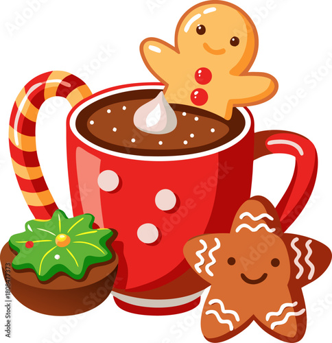 Cup of hot chocolate and christmas gingerbread cookies vector illustration stock illustration , and white background