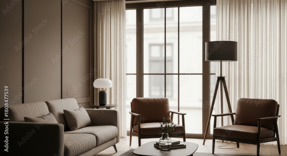 Fototapeta premium 3d render modern brown interior with dining table
