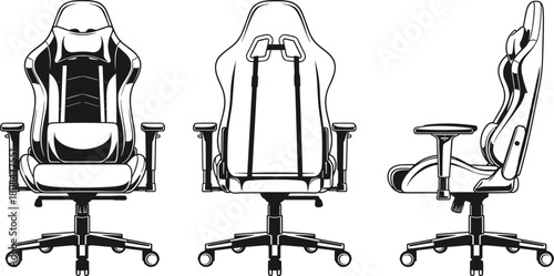 Illustration of gaming chair line art isolated on front, back, and side views of an ergonomic chair designed for gamers, showcasing its features and design