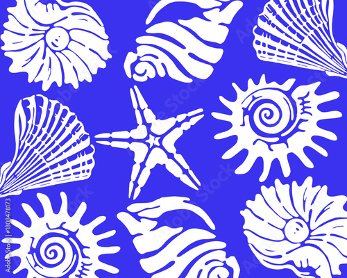 Marine life Sea Shells and Starfish nautical Pattern background editable, An artistic arrangement of various sea shells and starfish, inviting viewers to delve into the depths of the ocean.