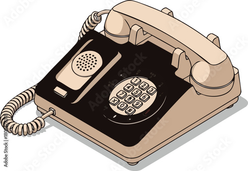 Vintage Push Button Landline Telephone Illustration on White Background