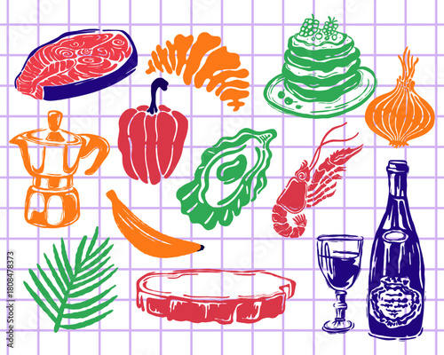 Culinary Collage clip art set collection A vibrant, artistic arrangement showcasing an array of gourmet food items, including savory and sweet elements, with dynamic textures and colors.