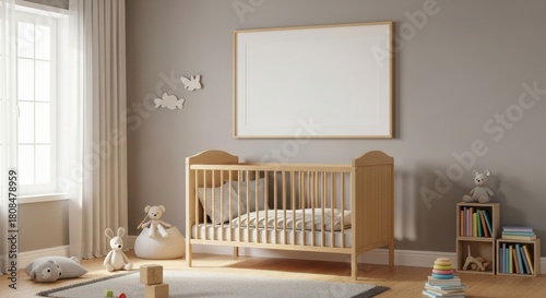 Fototapeta Naklejka Na Ścianę i Meble -  3d render frame in children room, light cozy interior with wooden crib